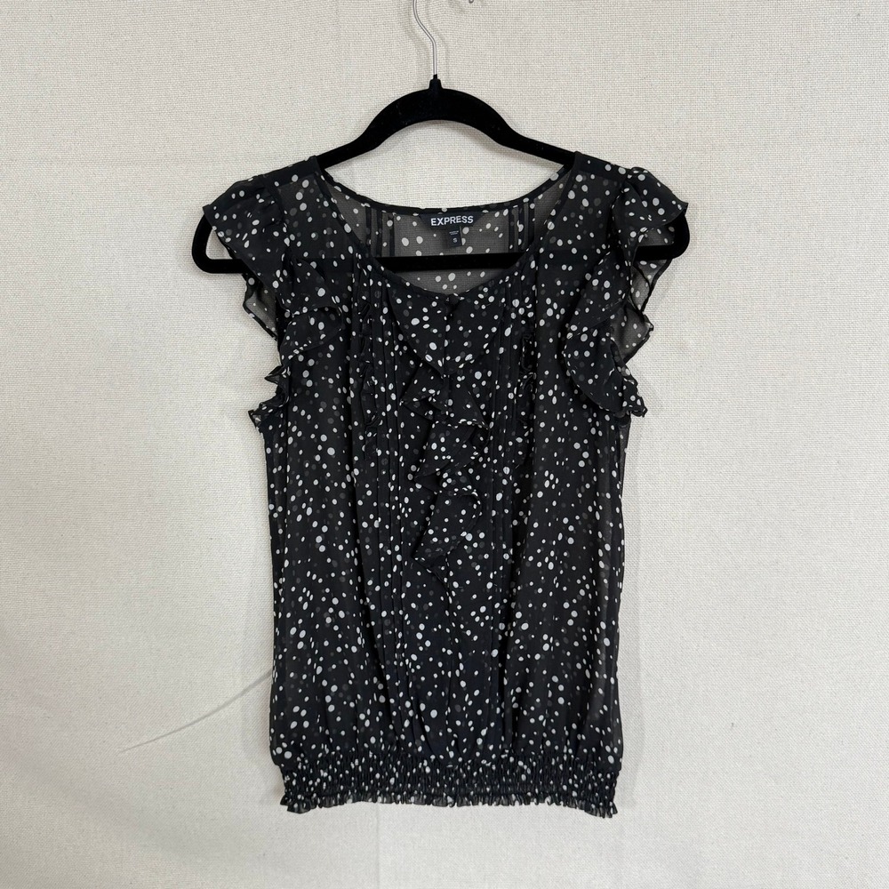 Express‎ Womens Polka Dot Ruffle Flutter Sleeve Smocked Hem Blouse Black Small